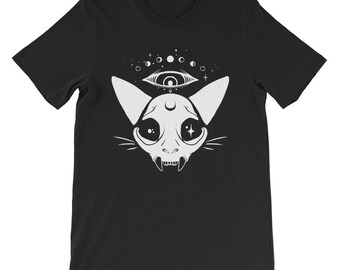 Cat Skull Third Eye T-Shirt, Goth Grunge Aesthetic Graphic Tee