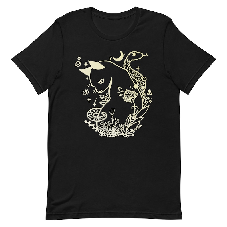 Cat And Snake Art T-Shirt, Graphic Tee, Tattoo Style Line Art image 3