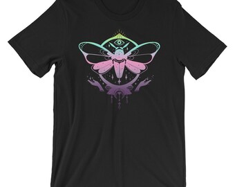 Pastel Rainbow Moon Moth T Shirt, Goth Wiccan Clothing, Occult Artwork