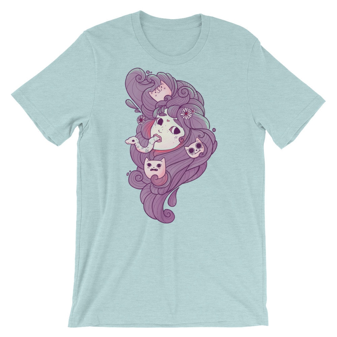 Dreamy Girl With Flowing Hair, Cat Heads, and Snake Light Blue Unisex T ...