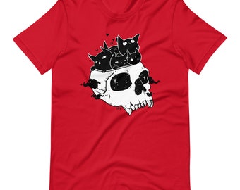 May include: Red t-shirt with a black and white illustration of a skull with black cats inside. The skull has a starry sky inside.