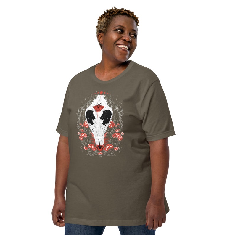Canis Lupus Wolf Skull And Mushroom Unisex T-Shirt, Goblincore Shirt, Dark Cottagecore Goth Clothing, Forest Animal Gothic Fashion