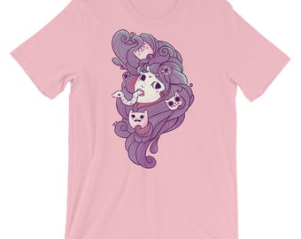 Dreamy Floating Girl Head With Cats And Snake Artwork T-Shirt, Pink Graphic Tee