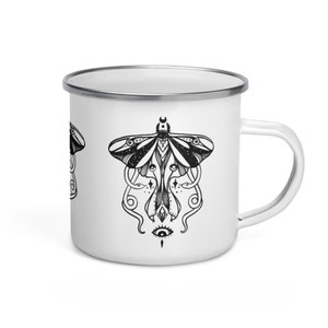 Luna Moth Enamel Mug, Camping Cup, Outdoor Mug With Forest Insect Witch Pattern, Wiccan Gifts