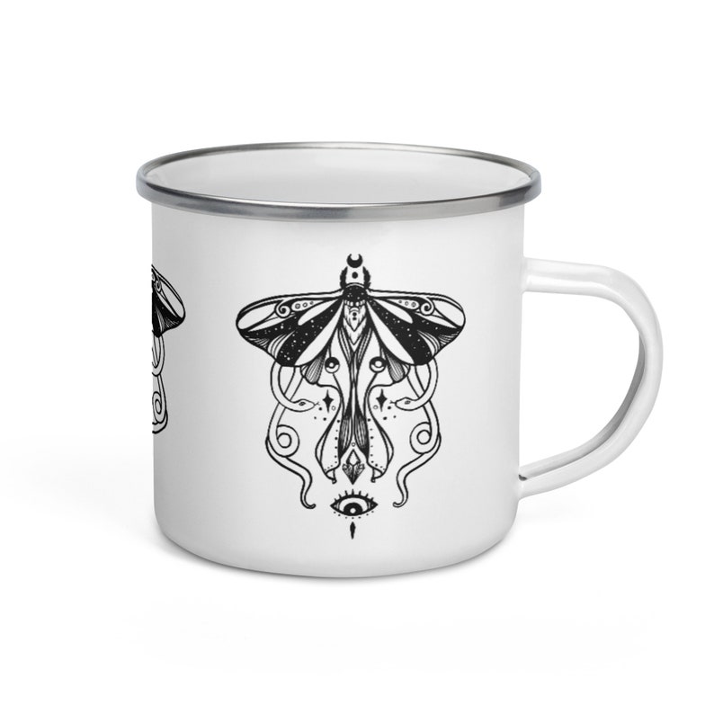 Luna Moth Enamel Mug, Camping Cup, Outdoor Mug With Forest Insect Witch Pattern, Wiccan Gifts