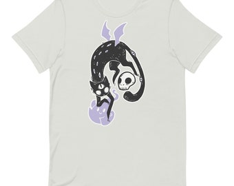 May include: A black cat with wings and multiple eyes, holding a skull, is flying over a purple cloud. The cat is outlined in black and the cloud is filled in with a light purple color.
