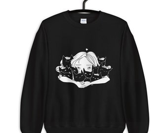 Girl Hugging Cats Sweatshirt, Cute Kawaii Manga Anime Art Sweater Shirt, Kitty Winter Clothing
