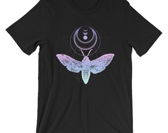 Moth And Crescent Moon Black Pastel Goth T-Shirt, Unisex Witchy Graphic Tee, Soft Grunge Wiccan Clothing