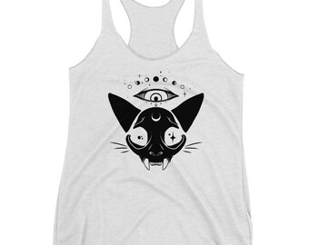 Cat Skull Moon Phase Triblend Racerback Tank Top, Spring Warm Weather Goth Clothing