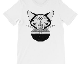 Cat Skull Ramen Noodle Anime T-Shirt, Japanese Manga Graphic Tee Streetwear