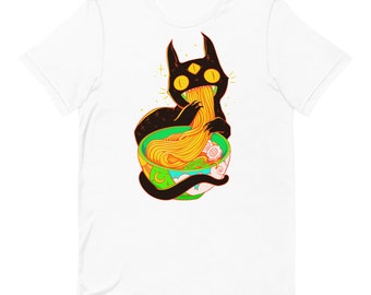 Black Cat Eating Ramen Noodles T-Shirt, Cute Funny Shirt, Cat Lover Gifts, Alt Goth Anime Aesthetic Clothing Shirt