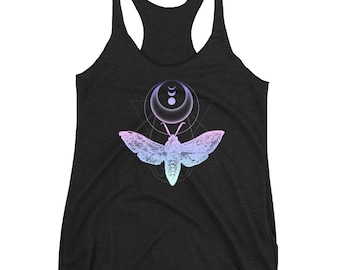 Moth And Crescent Moon Witchy Women's Black Racerback Tank Top, Pastel Goth Soft Grunge Shirt, Wiccan Clothing