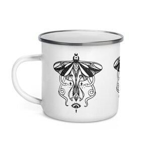 Luna Moth Enamel Mug, Camping Cup, Outdoor Mug With Forest Insect Witch Pattern, Wiccan Gifts