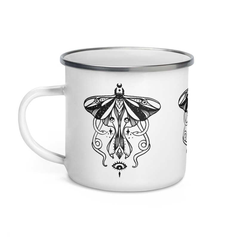 Luna Moth Enamel Mug, Camping Cup, Outdoor Mug With Forest Insect Witch Pattern, Wiccan Gifts