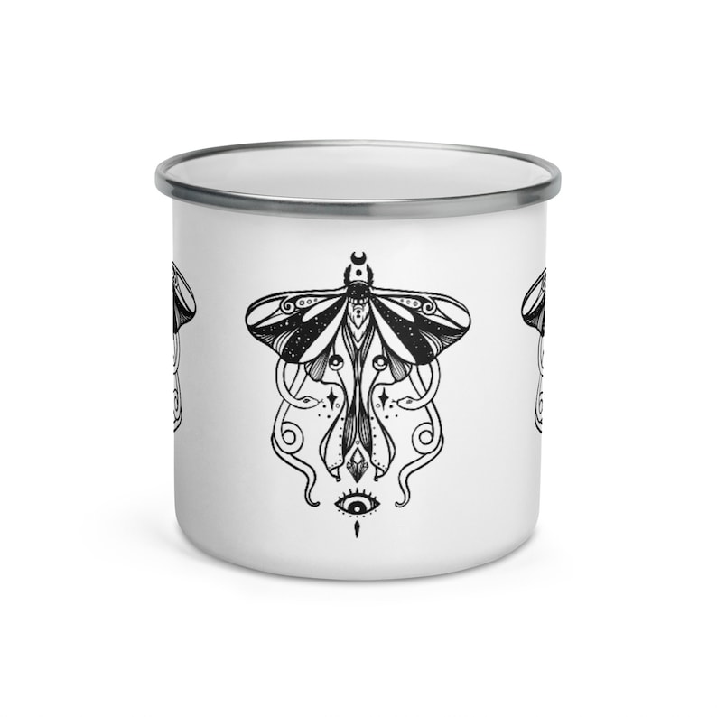 Luna Moth Enamel Mug, Camping Cup, Outdoor Mug With Forest Insect Witch Pattern, Wiccan Gifts