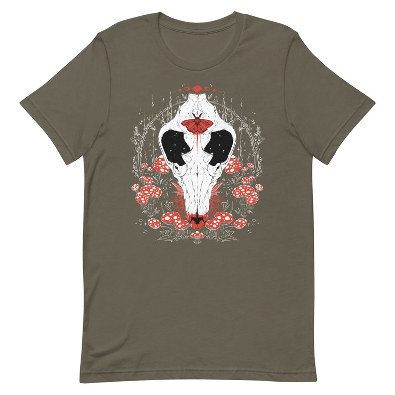 Canis Lupus Wolf Skull And Mushroom Unisex T-Shirt, Goblincore Shirt, Dark Cottagecore Goth Clothing, Forest Animal Gothic Fashion