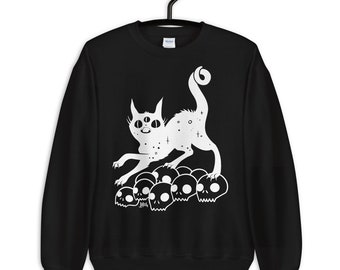 Magic Cat On Skulls Sweatshirt, Black Gothic Witchy Sweater, Funny Occult Grunge Shirt