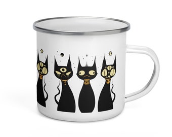 Creepy Cute Black Cats Enamel Mug, 12 oz Camping Cup, Outdoor Mug For Cat Lovers, Goth Gifts
