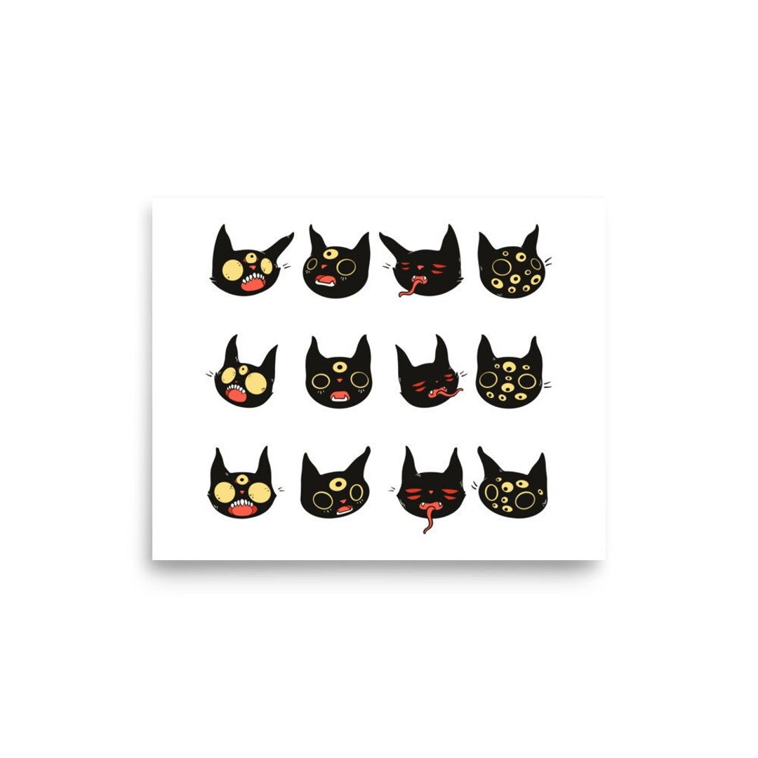 Cute Weirdcore Black Cats Art Print, Halloween Spooky Goth Poster