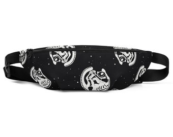 May include: Black fanny pack with a white repeating pattern of a skeleton cat on a black background with white dots.