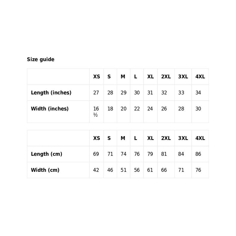 May include: Size guide chart for clothing with measurements in inches and centimetres. The chart shows sizes from XS to 4XL with corresponding length and width measurements.