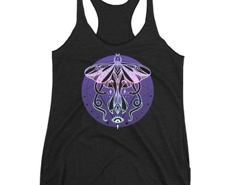 Luna Moth And Snakes Women's Black Racerback Tank Top, Insect Nature Workout Shirt, Pastel Goth Soft Grunge Witchy Aesthetic Clothing