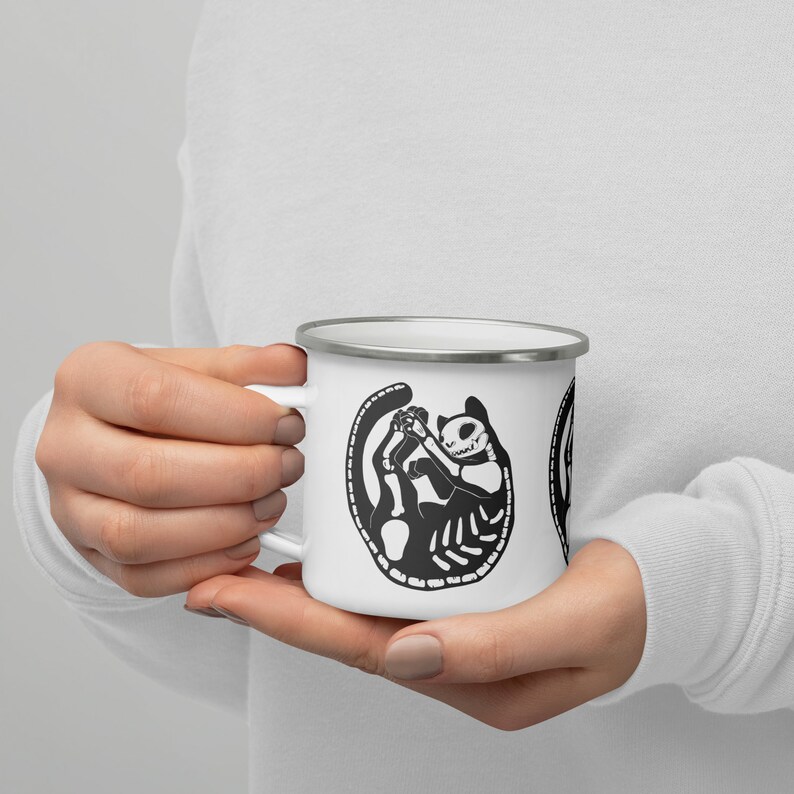 Skeleton Cat Enamel Mug, Camping Cup, Outdoor Mug With Kitty Pattern, House Warming Present, Wiccan Gifts image 5