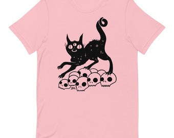 Black Cat On Skulls Pink T-Shirt, Goth Alt Fashion Tee, Cute Cat Lover Clothing