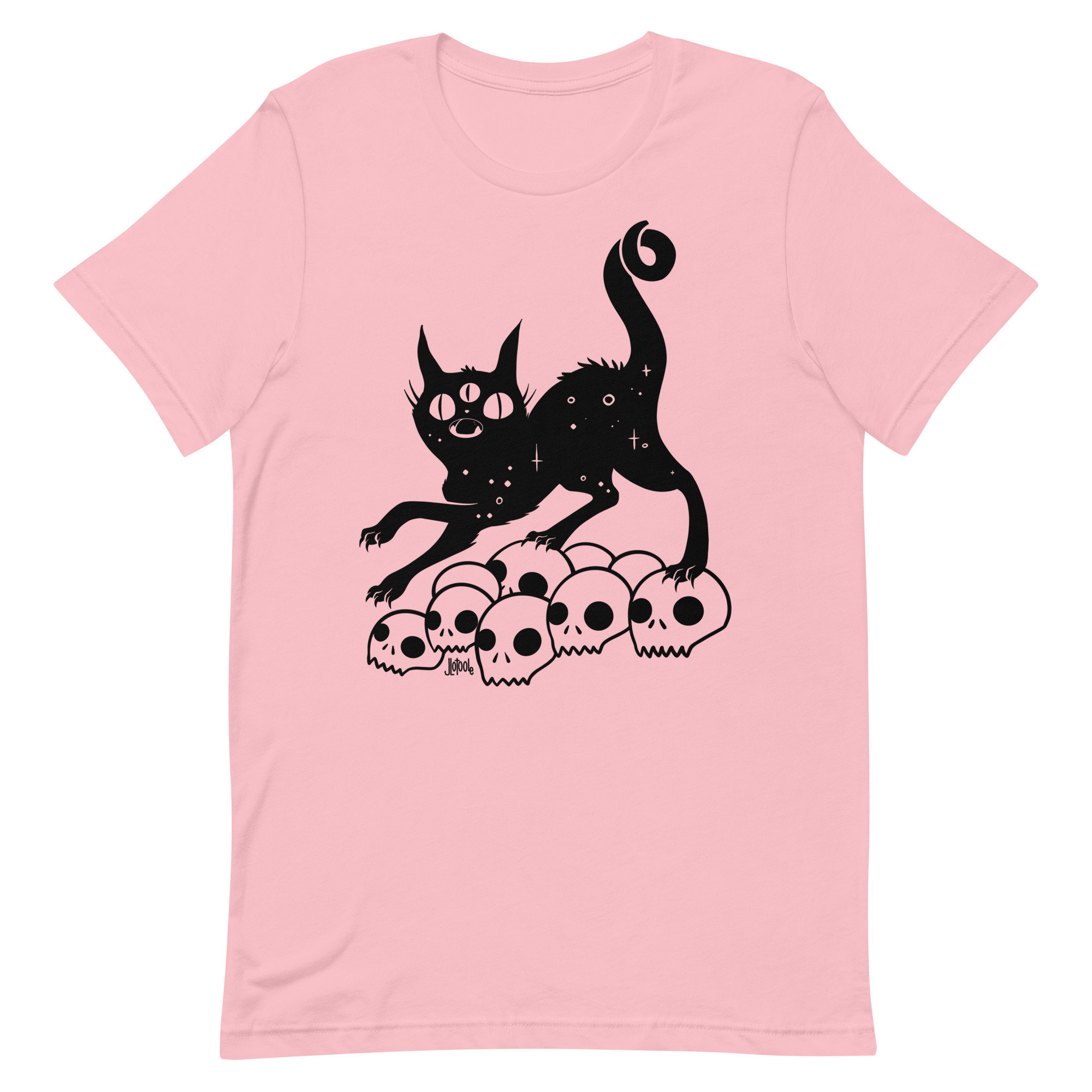Black Cat on Skulls Pink T-shirt, Goth Alt Fashion Tee, Cute Cat
