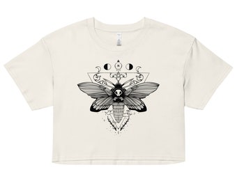 Witchy Moth Crop Top, Goth Relaxed Fit Cropped Tee, Forestcore Festival Shirt, Dark Cottagecore Clothing
