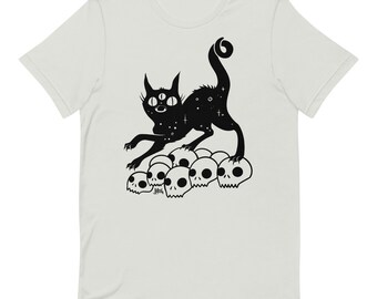 Black Cat On Skulls Unisex T-Shirt, Gothic Alternative Tee, Nu Goth Clothing