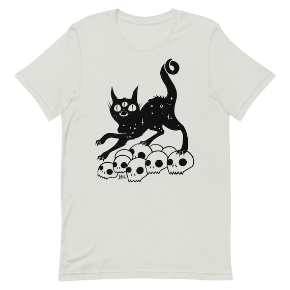 Black Cat On Skulls Unisex T-Shirt, Gothic Alternative Tee, Nu Goth Clothing