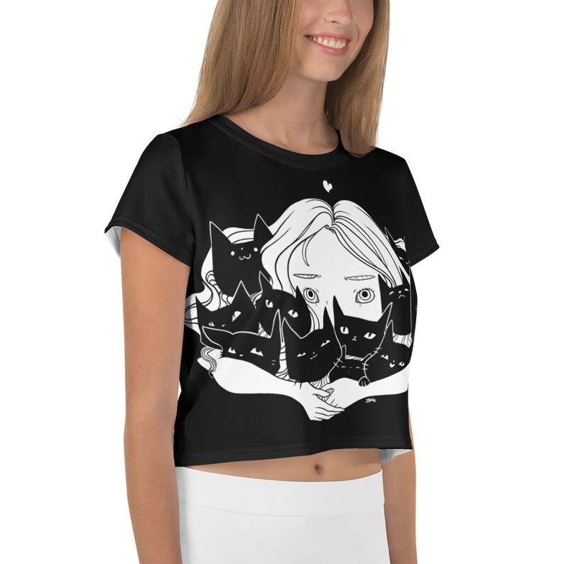 Girl Hugging Cats Crop Top Cute Kawaii Anime Art Graphic Tee Etsy
