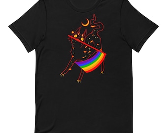 Pride Flag Cat T-Shirt, Rainbow Goth Cat Graphic Tee, LGBTQ+ Witchy Alt Aesthetic Shirt, Creepy Cute Unisex Dark Art Gift