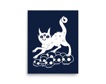 Black Cat With Skulls Gothic 8 x 10 Art Print, Goth Home Decor, Witchy Dark Academia Poster, Witch Gifts, Cat Artwork