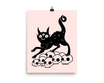 Black Cat With Skulls Gothic 8 x 10 Art Print, Goth Home Decor, Witchy Dark Academia Poster, Witch Gifts, Cat Artwork