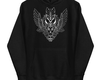 Valkyrie Angel Wings Wolf Hoodie, Original Tattoo Style Line Art Pullover Sweatshirt With Hood, Unique Art Clothing