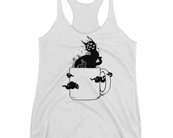 Black Cat In Coffee Cup Women's Racerback Tank Top, Cute Magic Witch Kitty Shirt