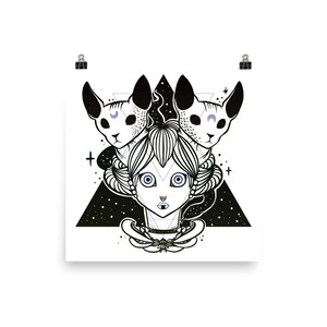 Witch And Sphynx Cats Occult Matte Wall Art Print, White And Black 18 x 18 Dorm Room Poster, Original Artwork