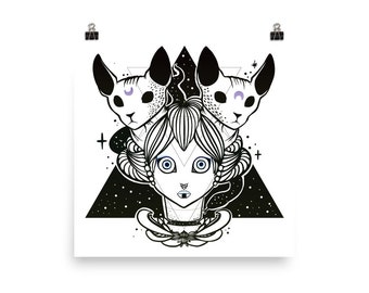 Witch And Sphynx Cats Occult Matte Wall Art Print, White And Black 18 x 18 Dorm Room Poster, Original Artwork