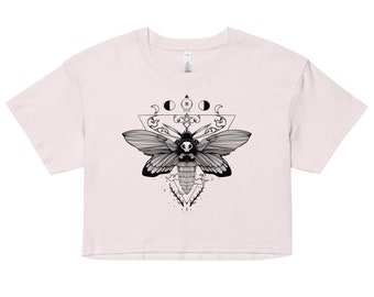 Witchy Moth Crop Top, Goth Relaxed Fit Cropped Tee, Forestcore Festival Shirt, Dark Cottagecore Clothing