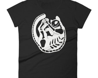 Cute Skeleton Cat T-Shirt, Ladies Goth Shirt, Black Graphic Tee
