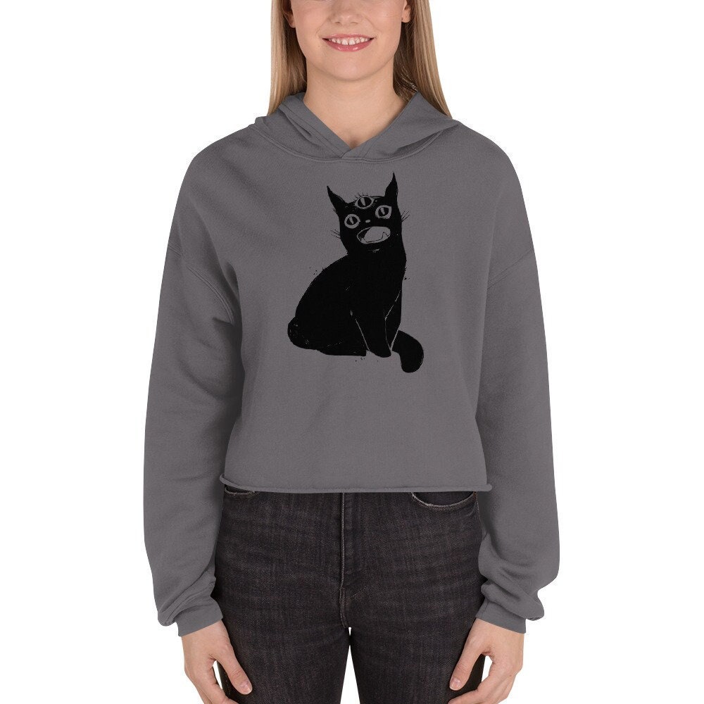 Creepy Cute Black Cat With Third Eye Crop Hoodie, Goth Crop Top