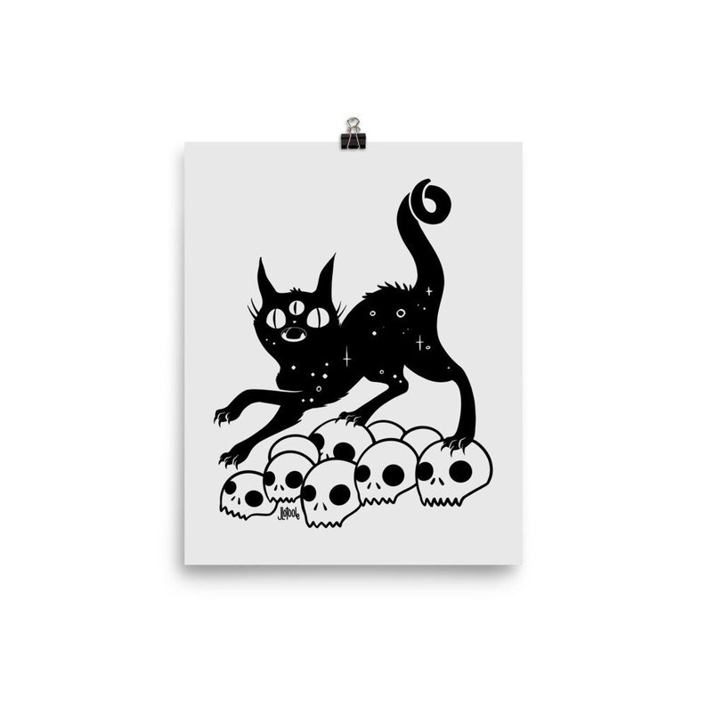 Black Cat With Skulls Gothic 8 x 10 Art Print, Goth Home Decor, Witchy Dark Academia Poster, Witch Gifts, Cat Artwork image 1