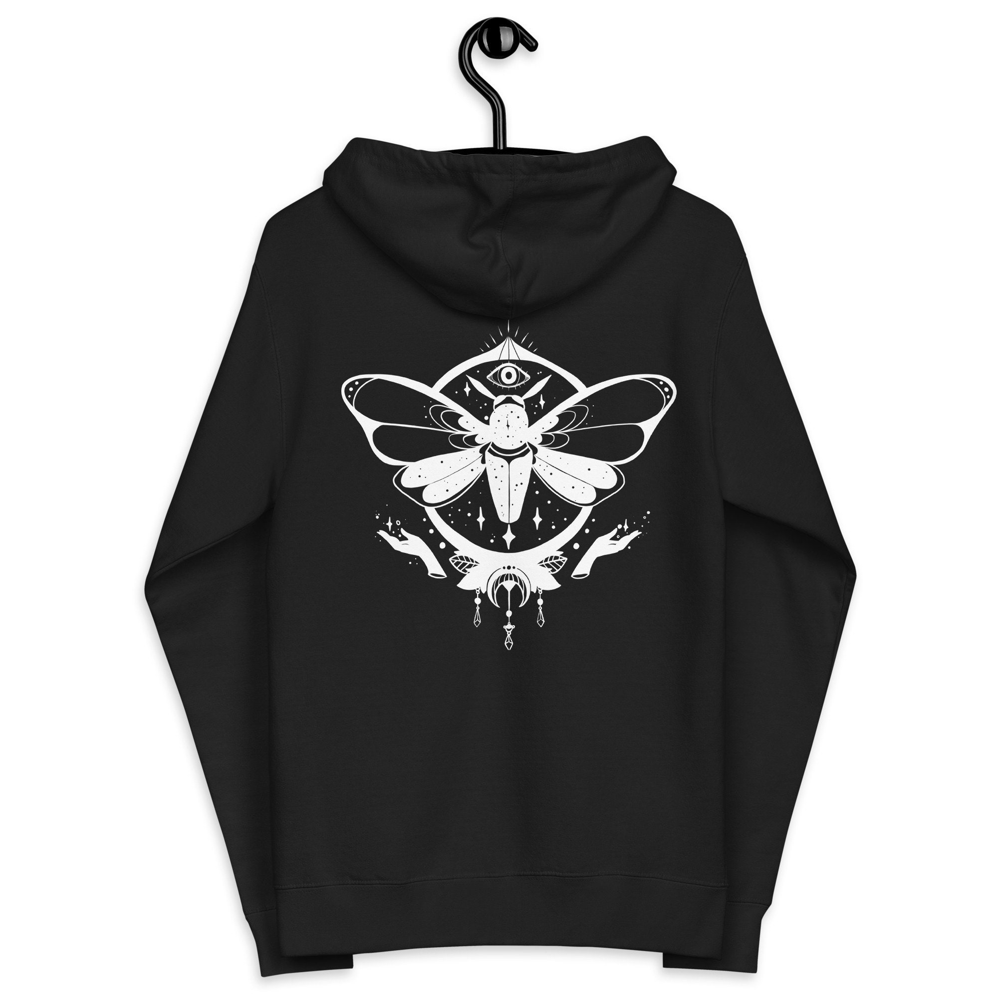 Witch Moth Fleece Zip up Hoodie, Goth Dark Mori Kei Aesthetic