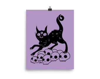 Black Cat With Skulls Gothic 8 x 10 Art Print, Goth Home Decor, Witchy Dark Academia Poster, Witch Gifts, Cat Artwork