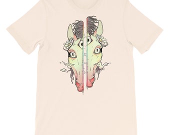 Split Face Horse Unisex T-Shirt, Dark Surrealism Art Graphic Tee
