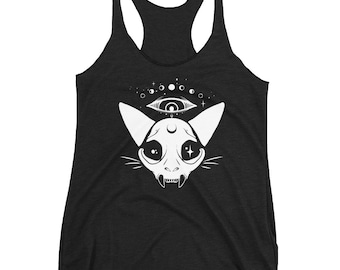 Cat Skull Moon Phase Triblend Racerback Tank Top, Spring Warm Weather Goth Clothing