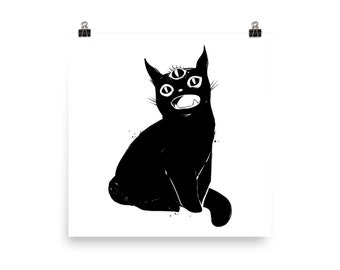 Third Eye Black Cat Art Print Poster, Creepy Cute Kawaii Artwork