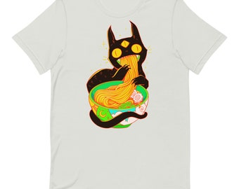 Black Cat Eating Ramen Noodles T-Shirt, Cute Funny Shirt, Cat Lover Gifts, Alt Goth Anime Aesthetic Clothing Shirt